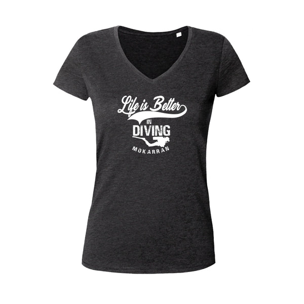 Tee shirts à col V pour femme life is better in diving noir