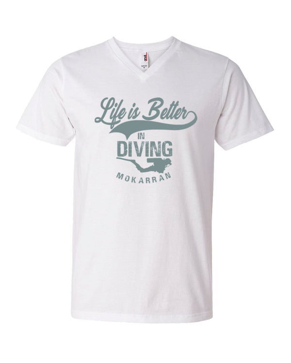 Tee shirt plongée col v homme life is better in diving blanc