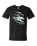 V-neck diving t-shirts for men black shark wall