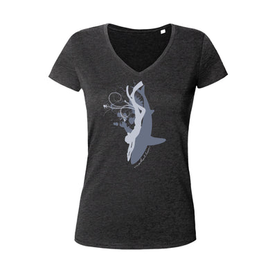 Tee shirt plongée col V femme requins et nageuse noir