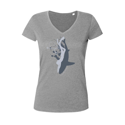 Tee shirt plongée col V femme requins et nageuse gris