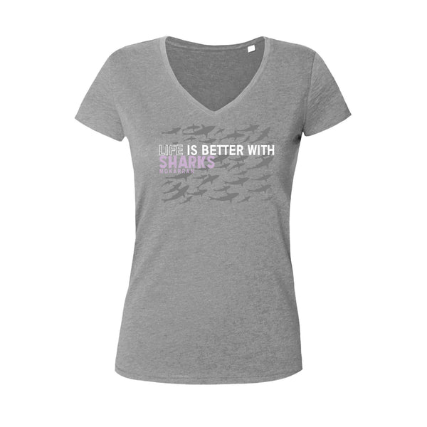 Tee shirts à col V pour femme life is better with sharks gris