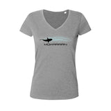 Gray heather v-neck t-shirt for women diving shark swimming