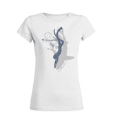 Shark and swimmer women's round neck diving t-shirts in white