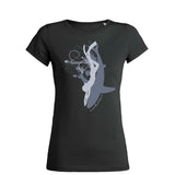 Women's round neck diving t-shirts with shark and swimmer black