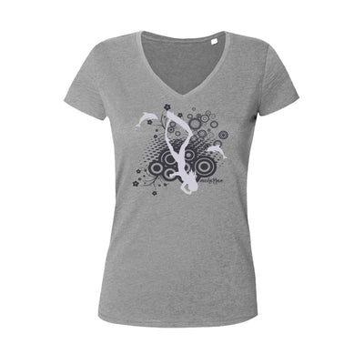 Tee shirt plongée col V femme dauphins et apnéiste gris