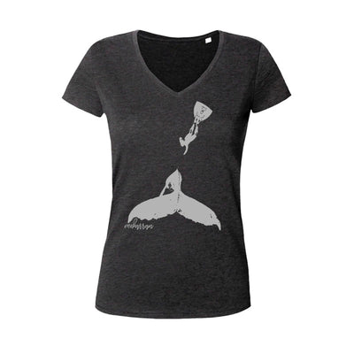 Tee shirt plongée col V femme baleine a bosse et plongeur noir