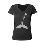 V-neck diving t-shirt woman with humpback whale and black diver