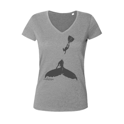 Tee shirt plongée col V femme baleine a bosse et plongeur gris