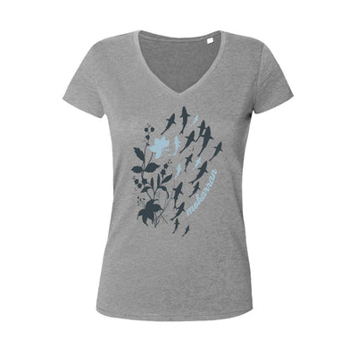 Tee shirt plongée col V femme requins gris