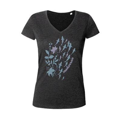 Tee shirt plongée col V femme requins noir
