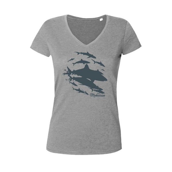 Tee shirt plongée col V femme mur de requins gris