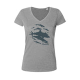 Women's V-neck diving t-shirt gray sharks wall