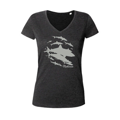 Tee shirt plongée col V femme mur de requins noir