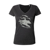 Women's V-neck diving t-shirt black shark wall