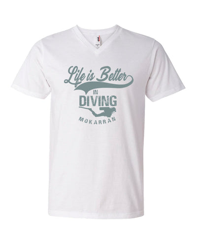 Tee shirt plongée col v homme life is better in diving blanc