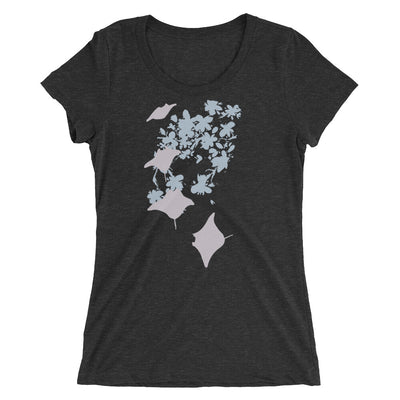 Tee shirt plongee femme col large raie manta fleurs noir