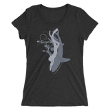 Women's freediving t-shirt with wide neck shark and diver black